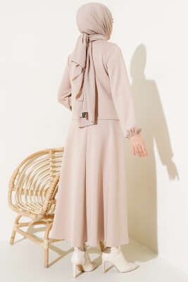 Önü Fiyonklu Etekli Scuba İkili Takım Bej - Thumbnail