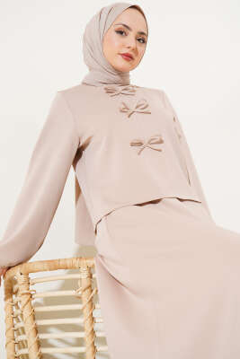 Önü Fiyonklu Etekli Scuba İkili Takım Bej - Thumbnail