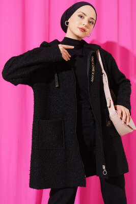 Pazarium - Fermuarlı Cep Armalı Buklet Kaban Siyah