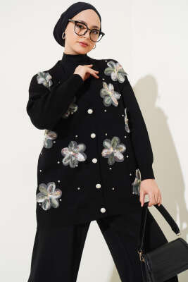 Çiçekli Taşlı Hırkalı Triko İkili Takım Siyah - Thumbnail