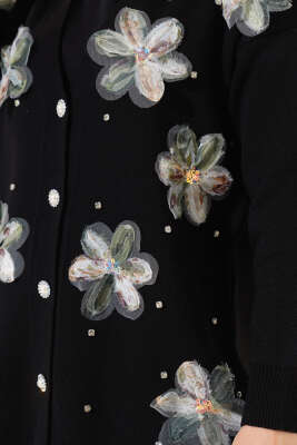 Çiçekli Taşlı Hırkalı Triko İkili Takım Siyah - Thumbnail