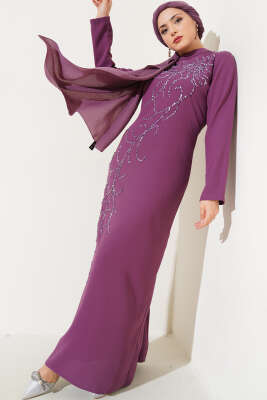 Pazarium - Önü Boydan Taşlı Büyük Beden Elbise Magenta