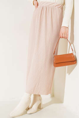 Pazarium - Kumaşı Piliseli Kalem Etek Bej