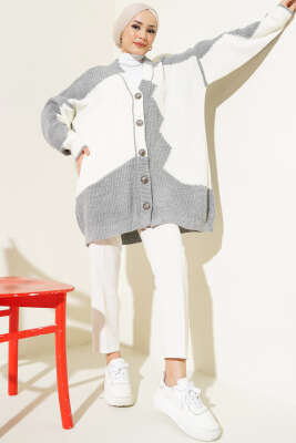 Çift Renkli Salaş Triko Hırka Gri Ekru - Thumbnail