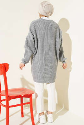 Çift Renkli Salaş Triko Hırka Gri Ekru - Thumbnail