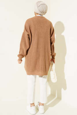 Çift Renkli Salaş Triko Hırka Latte Ekru - Thumbnail