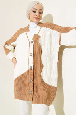 Çift Renkli Salaş Triko Hırka Latte Ekru - Thumbnail