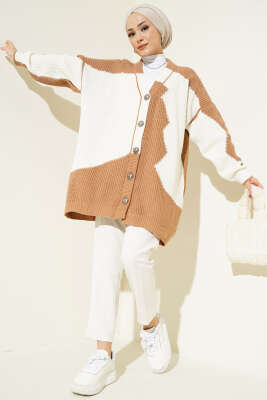 Çift Renkli Salaş Triko Hırka Latte Ekru - Thumbnail