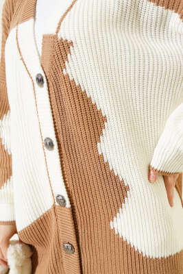 Çift Renkli Salaş Triko Hırka Latte Ekru - Thumbnail