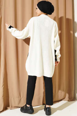 Çift Renkli Salaş Triko Hırka Ekru Siyah - Thumbnail