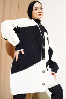 Çift Renkli Salaş Triko Hırka Ekru Siyah - Thumbnail