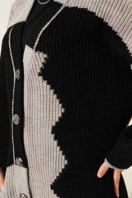 Çift Renkli Salaş Triko Hırka Bej Siyah - Thumbnail