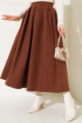 Yandan Fermuarlı Kaşe Etek Kestane - Thumbnail