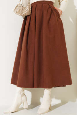 Yandan Fermuarlı Kaşe Etek Kestane - Thumbnail