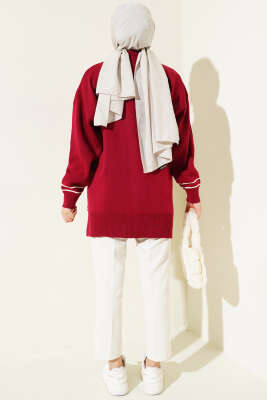 Çizgi Detaylı Basic Triko Tunik Bordo - Thumbnail