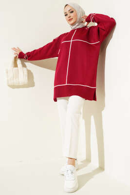 Çizgi Detaylı Basic Triko Tunik Bordo - Thumbnail
