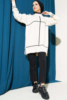 Çizgi Detaylı Basic Triko Tunik Bej Siyah - Thumbnail