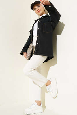 Çift Cepli Metal Düğmeli Kot Ceket Siyah - Thumbnail