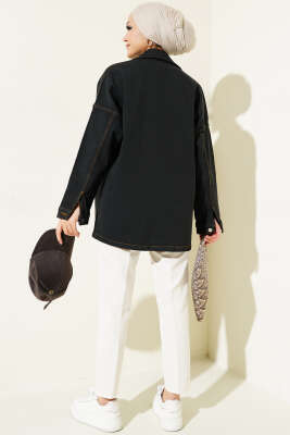 Çift Cepli Metal Düğmeli Kot Ceket Siyah - Thumbnail