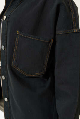 Çift Cepli Metal Düğmeli Kot Ceket Siyah - Thumbnail