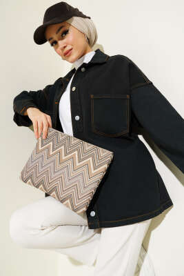 Çift Cepli Metal Düğmeli Kot Ceket Siyah - Thumbnail