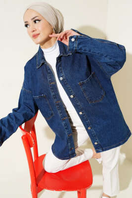 Çift Cepli Metal Düğmeli Kot Ceket Lacivert - Thumbnail