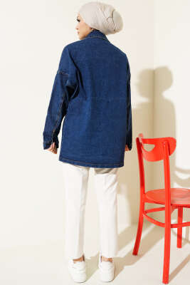 Çift Cepli Metal Düğmeli Kot Ceket Lacivert - Thumbnail