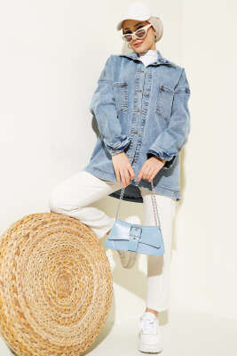 Çift Cepli Metal Düğmeli Kot Ceket Kot Mavisi - Thumbnail