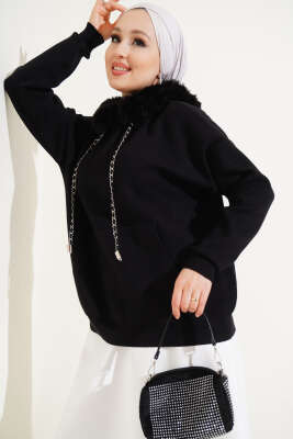 Pazarium - Kapüşonu Kürklü Triko Kazak Siyah