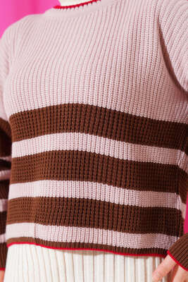 Çizgili Triko Crop Kazak Pudra - Thumbnail