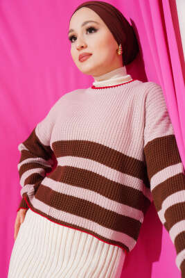 Çizgili Triko Crop Kazak Pudra - Thumbnail