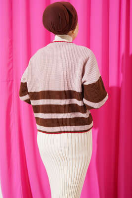 Çizgili Triko Crop Kazak Pudra - Thumbnail