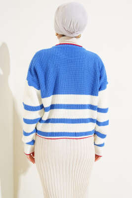 Çizgili Triko Crop Kazak İndigo - Thumbnail