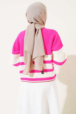 Çizgili Triko Crop Kazak Fuşya - Thumbnail