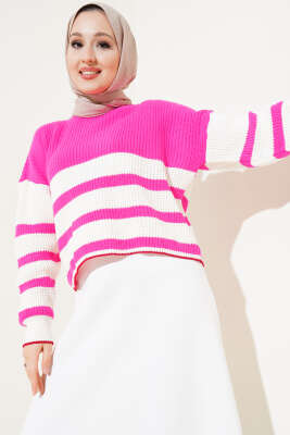 Çizgili Triko Crop Kazak Fuşya - Thumbnail