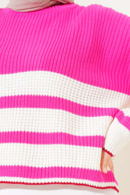 Çizgili Triko Crop Kazak Fuşya - Thumbnail