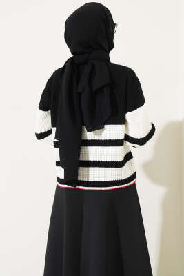 Çizgili Triko Crop Kazak Siyah - Thumbnail