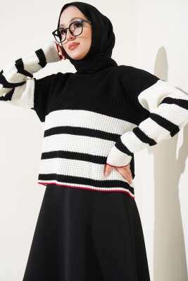 Çizgili Triko Crop Kazak Siyah - Thumbnail