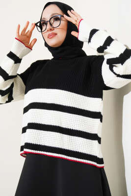 Çizgili Triko Crop Kazak Siyah - Thumbnail