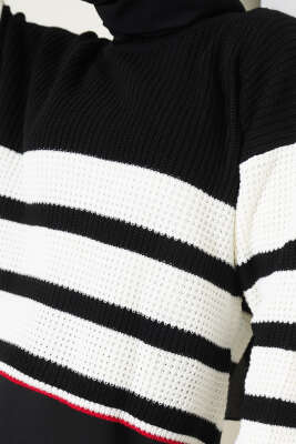 Çizgili Triko Crop Kazak Siyah - Thumbnail