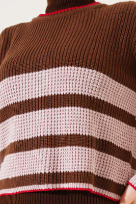 Çizgili Triko Crop Kazak Kahve - Thumbnail