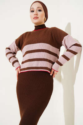 Çizgili Triko Crop Kazak Kahve - Thumbnail