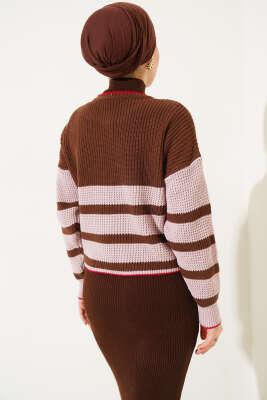 Çizgili Triko Crop Kazak Kahve - Thumbnail