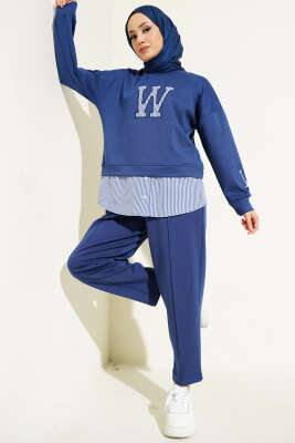 Pazarium - 	 W Baskılı Çizgi Garnili İkili Takım İndigo