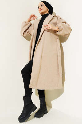 Pazarium - Bilekleri Lastikli Kaşe Kaban Latte