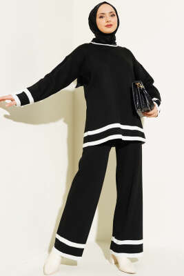 Çizgi Detaylı Basic Triko İkili Takım Siyah - Thumbnail