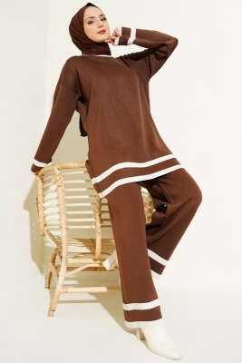 Çizgi Detaylı Basic Triko İkili Takım Kahve - Thumbnail