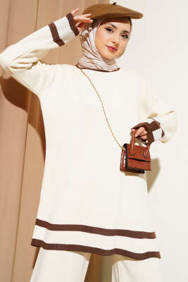 Çizgi Detaylı Basic Triko İkili Takım Bej - Thumbnail