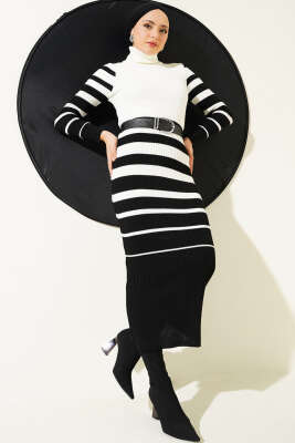 Boğazlı Çizgili Fitilli Triko Elbise Siyah - Thumbnail