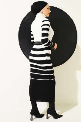 Boğazlı Çizgili Fitilli Triko Elbise Siyah - Thumbnail